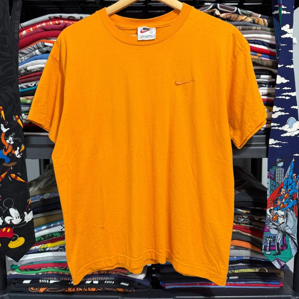 Vintage 90s Orange Nike Embroidered Mini Swoosh T-Shirt Large Light Marks